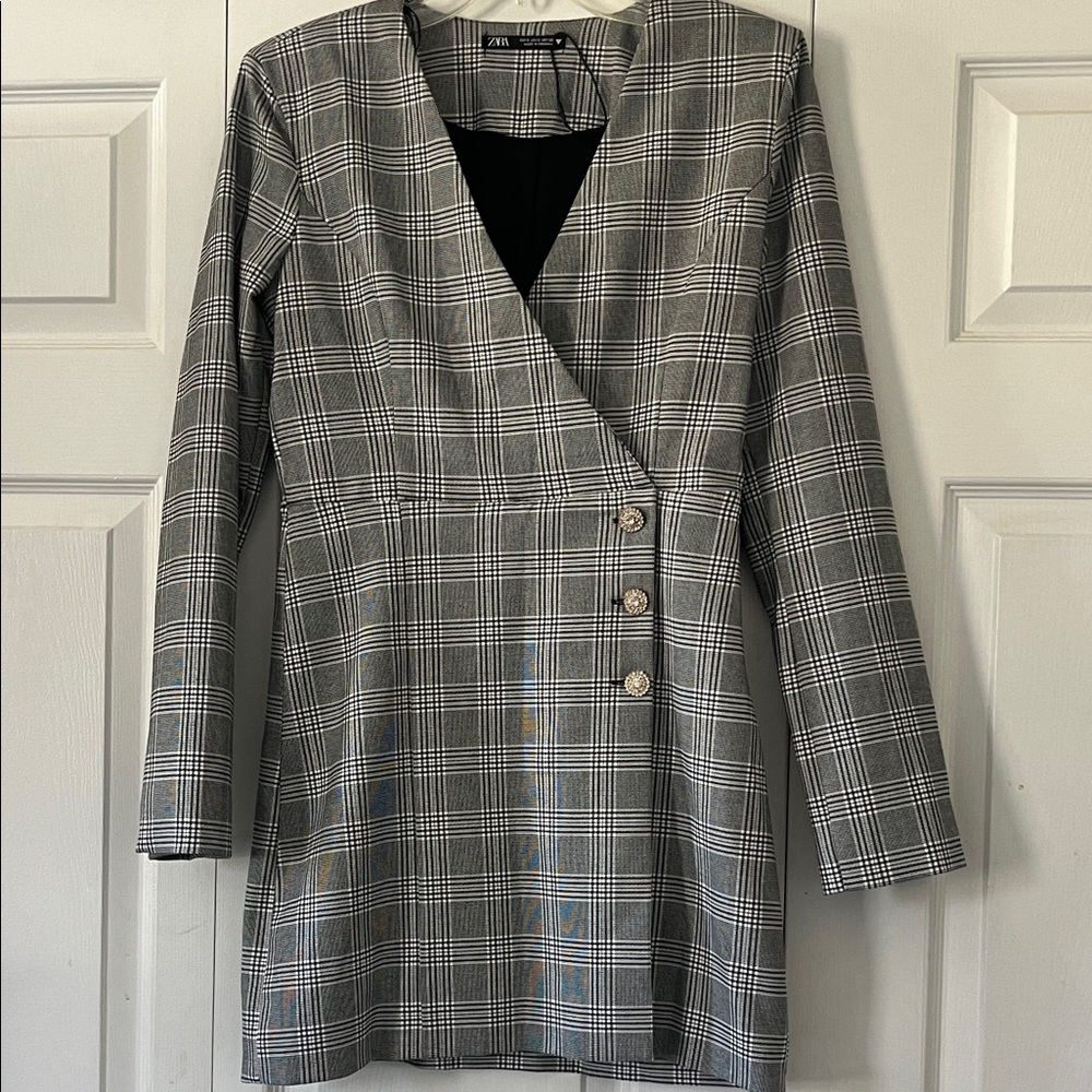 Zara Black and Grey Plaid Wrap-Style Blazer Dress with Decorative Buttons